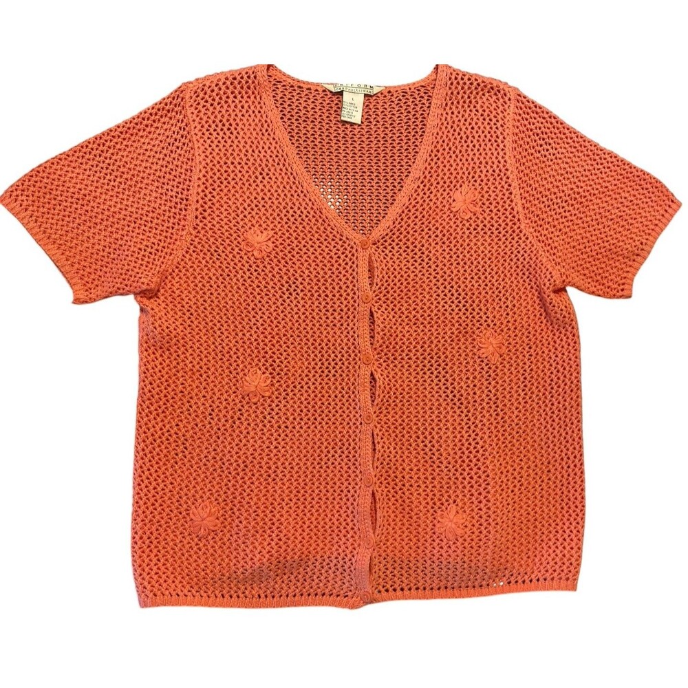 Crochet Top Sz L John Paul Richard‎ Orange Blouse Womans Embroidered Beach Ramie